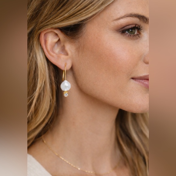 Baroque Pearl Dangle Earrings 24K Gold Plated CZ Handmade Artisan - Picture 2 of 8